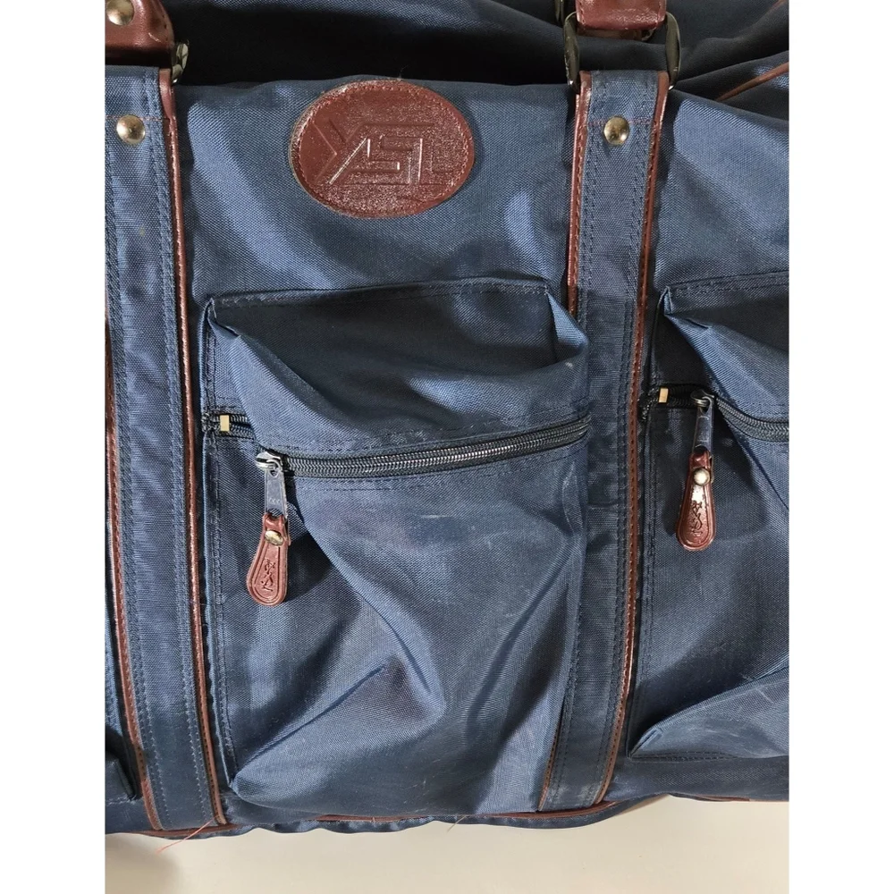 Yves Saint Laurent YSL Navy Nylon Large Travel Duffle Carry On Bag Brown Leather